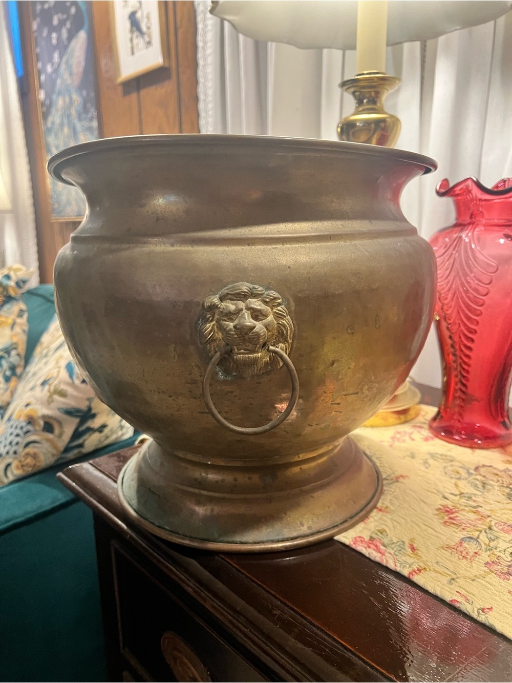 RARE: Antique Hammered Brass Lion Head Planter Pot (Spittoon)